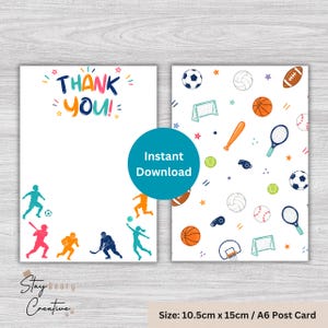 Könnte beinhalten: Zwei A6-Postkarten mit den Maßen 10,5 cm mal 15 cm. Die linke Karte zeigt den Text THANK YOU in bunten Buchstaben über Silhouetten von Sportlern. Die rechte Karte zeigt ein Muster aus Sportgeräten wie Bällen, Schlägern und Toren.