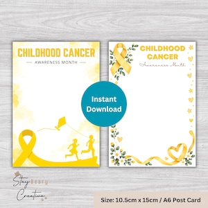 May include: Two rectangular postcards for Childhood Cancer Awareness Month. One features a yellow ribbon, a kite, and silhouettes of two children. The other displays a yellow ribbon, floral accents, and hearts. Dimensions are 10.5cm x 15cm.