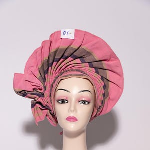 African Auto Gele - Pink | Ready-to-Wear Gele | Pre-Tied Headwrap | Nigerian Wedding Hat | Aso Oke Headtie | Traditional Headgear