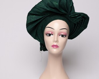Green African Auto Gele | Ready-to-Wear Gele | Pre-Tied Headwrap | Nigerian Wedding Hat | Aso Oke Headtie | Traditional Headgear