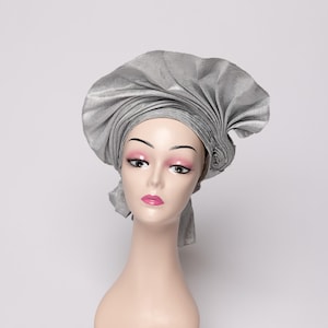 Silver African Auto Gele | Ready-to-Wear Gele | Pre-Tied Headwrap | Nigerian Wedding Hat | Aso Oke Headtie | Traditional Headgear