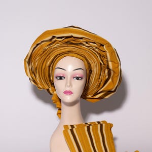 Yellow Gold African Auto Gele | Ready-to-Wear Gele | Pre-Tied Headwrap | Nigerian Wedding Hat | Aso Oke Headtie | Traditional Headgear