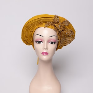 Yellow Gold African Auto Gele | Ready-to-Wear Gele | Pre-Tied Headwrap | Nigerian Wedding Hat | Aso Oke Headtie | Traditional Headgear
