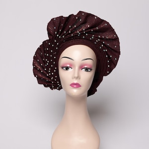 Coffee Brown African Auto Gele | Ready-to-Wear Gele | Pre-Tied Headwrap | Nigerian Wedding Hat | Aso Oke Headtie | Traditional Headgear
