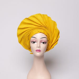 African Auto Gele - Yellow | Ready-to-Wear Gele | Pre-Tied Headwrap | Nigerian Wedding Hat | Aso Oke Headtie | Traditional Headgear