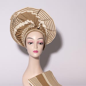 Brown & Beige Stripes African Auto Gele | Ready-to-Wear Gele | Pre-Tied Headwrap | Traditional Nigerian Wedding Hat | Aso Oke Headtie