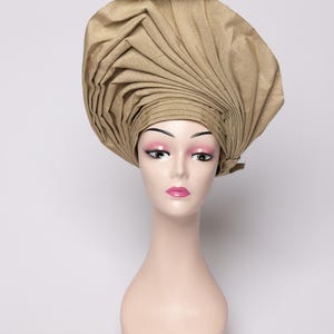 African Auto Gele - Champagne | Ready-to-Wear Gele | Pre-Tied Headwrap | Nigerian Wedding Hat | Aso Oke Headtie | Traditional Headgear