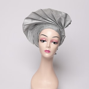 African Auto Gele - Silver | Ready-to-Wear Gele | Pre-Tied Headwrap | Nigerian Wedding Hat | Aso Oke Headtie | Traditional Headgear