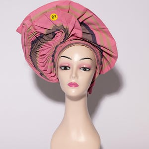 African Auto Gele - Pink | Ready-to-Wear Gele | Pre-Tied Headwrap | Nigerian Wedding Hat | Aso Oke Headtie | Traditional Headgear