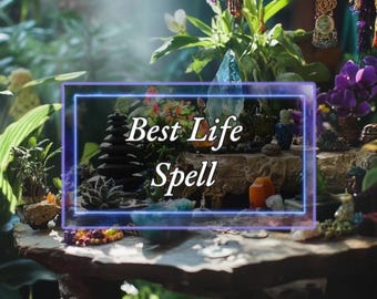 Può includere: Un tavolo con una varietà di cristalli, pietre e altri oggetti disposti su di esso. Il testo "Best Life Spell" è scritto in una cornice blu neon.
