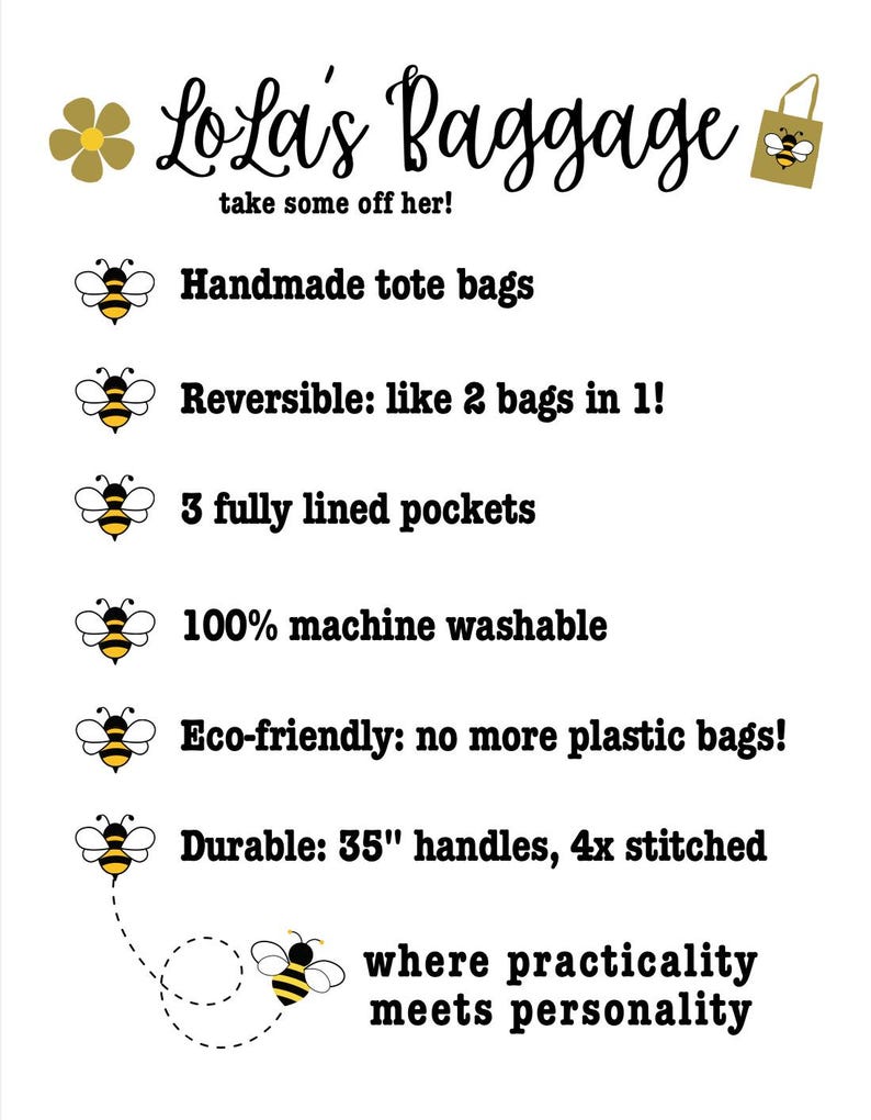 K&ouml;nnte beinhalten: Ein wei&szlig;er Hintergrund mit schwarzem Text, der "Lola's Baggage take some off her!" lautet und eine gelbe Bienenillustration zeigt. Der Text darunter listet die Eigenschaften der Tragetaschen auf, darunter "Handmade tote bags", "Reversible: like 2 bags in 1!", "3 fully lined pockets", "100% machine washable", "Eco-friendly: no more plastic bags!", "Durable: 35" handles, 4x stitched", und "where practicality meets personality".
