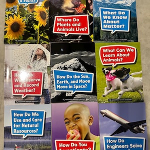 May include: A collection of children's educational books. Titles include "What Is a Plant?", "Where Do Plants and Animals Live?", and "How Do Engineers Solve Problems?" The covers feature images of sunflowers, a bear, mountains, and more.