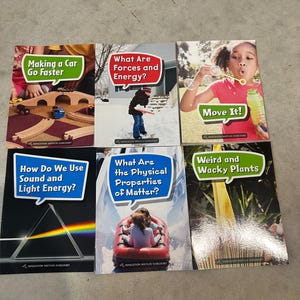 May include: A collection of six children's educational books. Titles include "Making a Car Go Faster," "What Are Forces and Energy?" and "Move It!" The books feature colorful illustrations and are from Houghton Mifflin Harcourt.