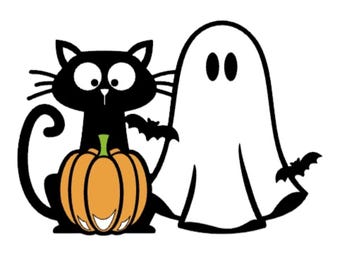 Black Cat Ghost Pumpkin Sticker | Cute Spooky Halloween Cat | 3-Inch Vinyl Sticker