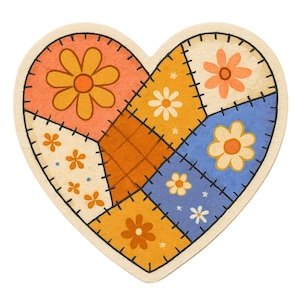 May include: A heart-shaped patch with a patchwork design. The patches are in various colors, including orange, yellow, and blue, and feature floral designs. The edges are stitched with black thread, and the overall design has a vintage aesthetic.