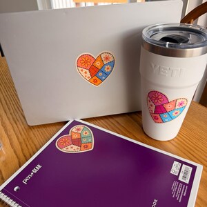 Patchwork Heart Sticker: Retro Floral Folk Art Vinyl Decal