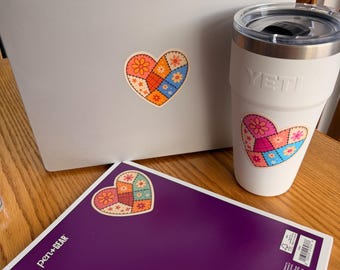 Patchwork Heart Sticker: Retro Floral Folk Art Vinyl Decal
