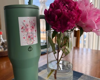 Flower Jar Vinyl Sticker: Pink Watercolor Floral Heart Decal