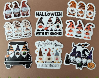 Fall & Halloween Gnome Sticker Set | 7 Autumn Gnome Vinyl Stickers | Pumpkin Spice and Spooky Gnomes