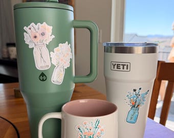 Watercolor Wildflowers in Mason Jar Sticker: Rustic Floral Vinyl Decal