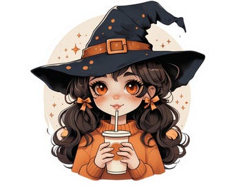 Cute Witch Girl Sticker | Cozy Fall Drink Halloween Designs | 3-Inch Vinyl Sticker