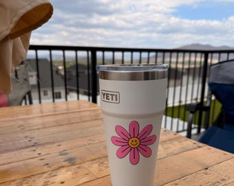 Smiley Pink Flower Sticker: Retro Vinyl Decal