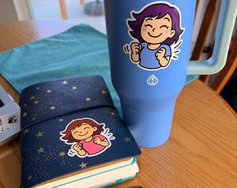 Excited Cartoon Girl Sticker: Waterproof Vinyl Decal for Laptop, Planner