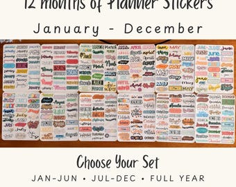Monthly Planner Stickers | Month Name Labels | January–December Planner Sticker Sheets