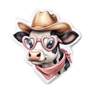 Cowgirl Cow Vinyl Sticker: Heart Sunglasses, Cowboy Hat - 3 inch
