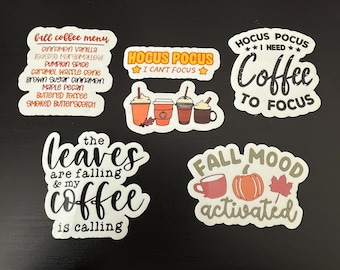 Fall Coffee Sticker Set | 6 Autumn Coffee Vinyl Stickers | Pumpkin Spice & Hocus Pocus Stickers
