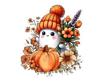 Fall Ghost Sticker | Cozy Pumpkin Flowers & Beanie | 3-Inch Vinyl Sticker