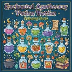 Puede incluir: Un libro para colorear titulado "Enchanted Apothecary Potion Bottles" con varias botellas de pociones, setas, hadas y un caldero. Las botellas contienen líquidos coloridos y están tapadas con corcho. El fondo es azul oscuro con estrellas.