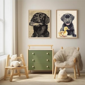 Set di decorazioni da parete con Labrador Retriever, stampe per cameretta di cani con anatra, decorazioni per cuccioli di Labrador nero e cani da caccia, download digitale di immagini rustiche in stile fattoria