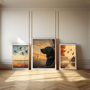 Black Lab Duck Hunting Wall Art Set, Waterfowl Sunrise Prints, Rustic Fall Hunting Decor, Duck Dog Marsh Scene, Cabin Printable Art