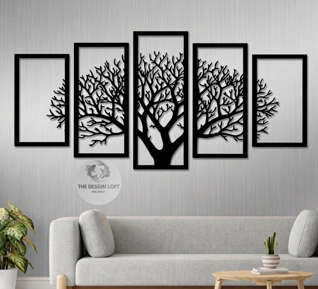 5 Panel Tree of Life Metal Wall Art - Modern Nature Decor for Living ...
