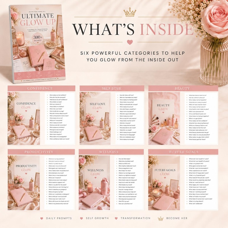 May include: A promotional image for the "Ultimate Glow Up" journal, featuring a pink journal and beauty products. The image includes text that reads "What's Inside" and "Six Powerful Categories to Help You Glow From the Inside Out."