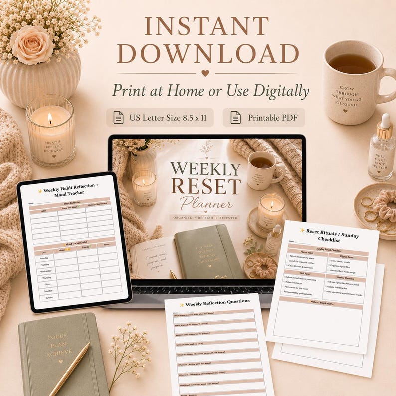 May include: A digital weekly reset planner with the text "INSTANT DOWNLOAD" and "Print at Home or Use Digitally". The image includes a laptop, tablet, and printed pages with planner templates, a mug, candles, and a journal.