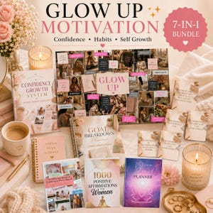 May include: A collection of self-help books and planners with the text "Glow Up Motivation." The items include a "Confidence Growth System" book, a "Goal Breakdown Planner," and a "Vision Board Planner." The color scheme is primarily pink and white.