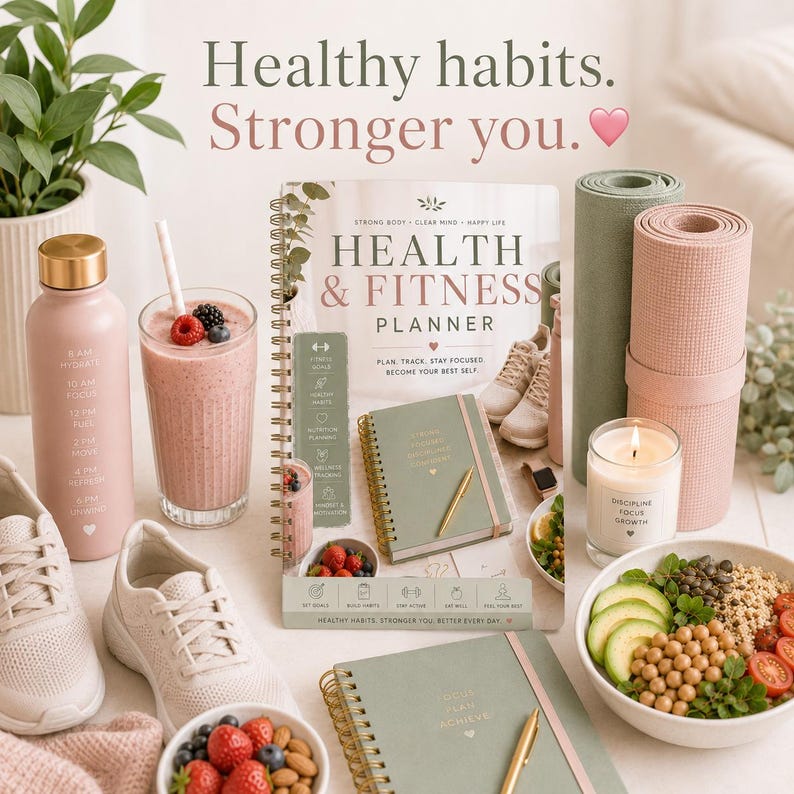 May include: A lifestyle image featuring a pink water bottle, a smoothie, a fitness planner, yoga mats, a candle, a bowl of food, and white sneakers. The text reads "Healthy habits. Stronger you."