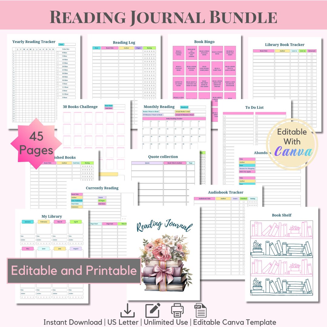 Reading Journal Planner Printable Bundle Coloring Bookshelf Log Read ...