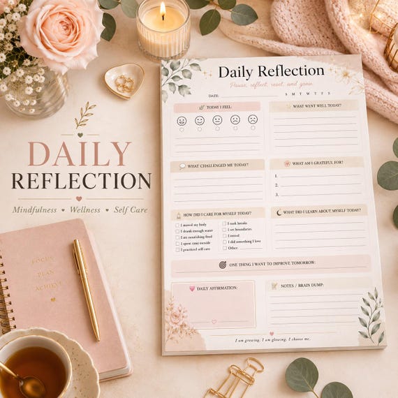Daily Reflection Journal Printable Self Care Reflection Worksheet Wellness & Mindfulness Planner Page Check In Tracker PDF 239