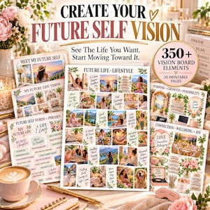 May include: A collection of printable vision board elements featuring 20 pages and 350 plus items. The sheets display various inspirational images, floral accents, and text such as CREATE YOUR FUTURE SELF VISION and FUTURE LIFE PLUS LIFESTYLE.