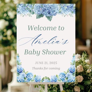 Blue Hydrangea Baby Shower Sign Floral Baby Shower Welcome Sign Blue Hydrangea Baby Sign Dusty Blue Welcome Board for Baby Shower Entrance