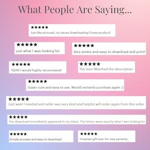 May include: A graphic with the text "What People Are Saying..." and customer reviews. The reviews include phrases like "Great product!", "just what I was looking for", and "10/10 I would highly recommend!"