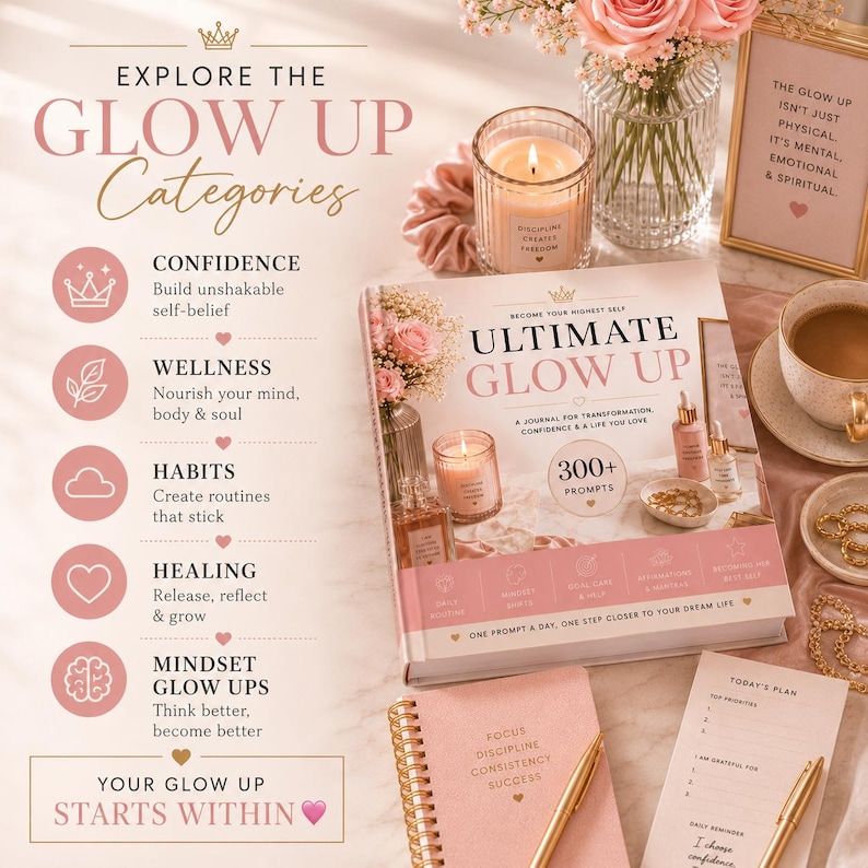 May include: A styled flat lay featuring a journal titled "Ultimate Glow Up" with a pink cover, a lit candle, a cup of coffee, and a notepad. The image includes text that says "Explore the Glow Up Categories" and "Your Glow Up Starts Within."