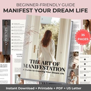 May include: A guide titled "The Art of Manifestation" with a woman in a white outfit in the background. The cover text reads "Manifest Your Dream Life" and "A Guide to Creating Your Dream Life". The guide has 35 pages and is available as an instant download.