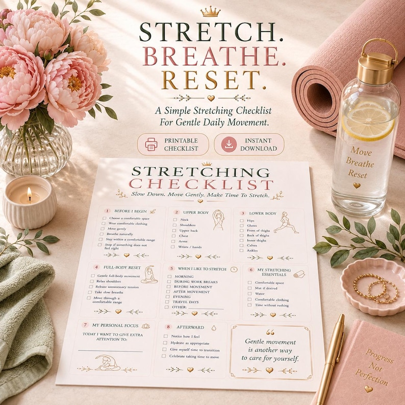 Pink Daily Routine Printable Stretching Checklist Printable, Daily Stretch Routine, Gentle Movement ...