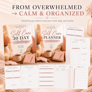 May include: A collection of self-care products, including a 30-day challenge book and a planner, with the text "From Overwhelmed to Calm & Organized." The image features notebooks, pens, and cups, promoting a routine for mind and body.