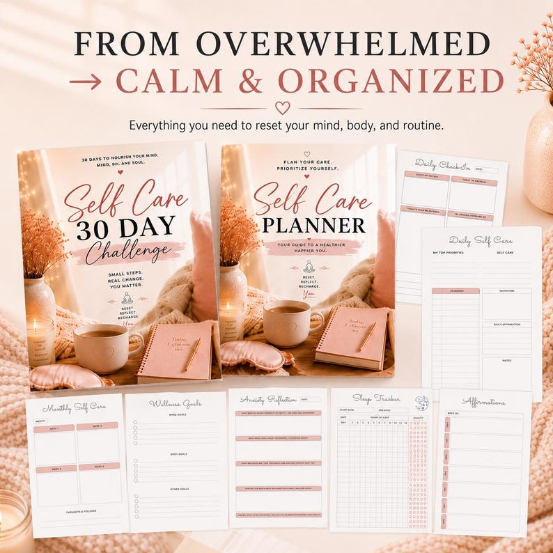 May include: A collection of self-care products, including a 30-day challenge book and a planner, with the text "From Overwhelmed to Calm & Organized." The image features notebooks, pens, and cups, promoting a routine for mind and body.