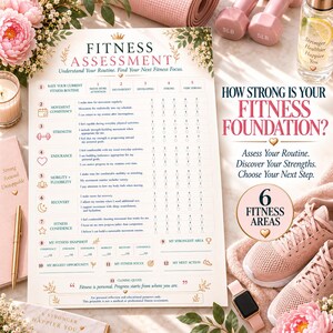 May include: A fitness assessment printable sheet featuring a numbered list of categories including movement consistency, strength, endurance, mobility, flexibility, recovery, and fitness confidence, with a rating scale from one to five for each.